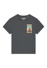 Grijze T-shirt met korte mouwen van zachte stof, met een kleurrijk gedrukt ontwerp van donuts in een vintage-stijl lijst op de borst.