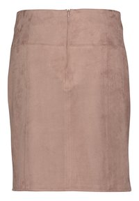 Hnědá sukně v tužkovém střihu z faux semiše s hladkým povrchem, ke kolenům, se skrytým zipem na zadní straně a minimálním švem.