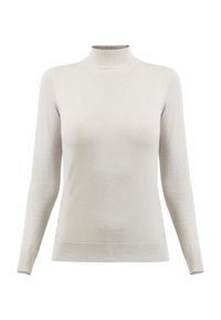 Pulover crem deschis cu gât înalt, realizat dintr-un material moale. Are mâneci lungi, manșete cu nervuri și o textură netedă, cu detalii de design minime.