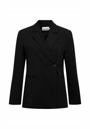 Sort blazer lavet af glat stof, med klapkrave, enkeltknaplukning, to frontlommer og tætsiddende silhuet.