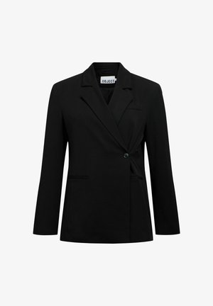 Blazer negro hecho de una tela suave, con solapas de muesca, cierre de un solo botón, dos bolsillos frontales y silueta ajustada.