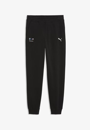 Crne Adidas trenirka hlače s logotipima BMW Motorsport i Puma, elastičnim pojasom, bočnim džepovima i manžetama na nogavicama.