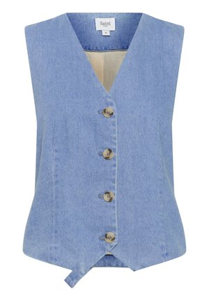 Denim vest in lichtblauw met een V-halslijn, mouwloos ontwerp, vijf bruine knopen en een gestrikt detail aan de onderkant.