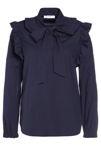 Blusa blu navy con colletto arricciato, nodo al collo e maniche gather. Realizzata in tessuto morbido con una vestibilità classica e un leggero luccichio.