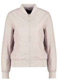 Světle béžová bomber bunda se zapínáním na zip, žebrovanými manžetami a lemem. Vyrobena z hladkého, lehkého materiálu s minimalistickým designem.