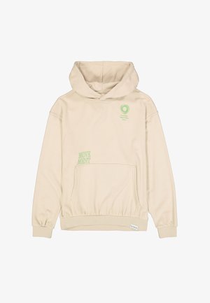 Beiger Hoodie aus weichem Stoff mit Kapuze und Kordelzug, Fronttasche sowie grünem Schriftzug "MOVE MENT" und einem Logo.