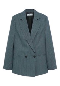 Blazer croisé à carreaux bleus. Confectionné en tissu texturé avec des revers crantés et deux poches avant.