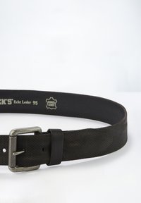 Black leather belt with a textured finish, featuring a rectangular silver metal buckle and an adjustable strap with several holes.