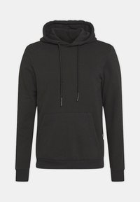 Hanorac negru din material moale, cu buzunar frontal, glugă cu șnur, manșete și tiv ribbate. Design simplu, fără ornamente.