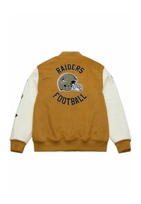 Brown and cream varsity jacket featuring a large embroidered "Raiders Football" logo and a football helmet on the back.