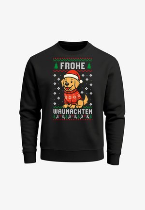 Black sweater with cartoon golden retriever wearing a Santa hat and red sweater, surrounded by Christmas trees and reindeer, with "Frohe Weihnachten" text.
