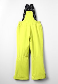 Pantalons de neige jaunes vifs avec des bretelles noires réglables. Présente une coupe ample et des accents zippés aux poignets pour un enfilage facile.