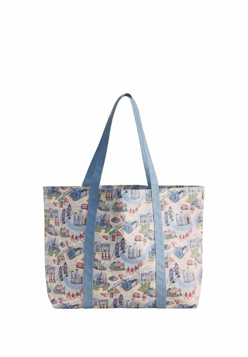 Geantă mare de mână din material albastru deschis cu un model colorat reprezentând un peisaj urban. Curele albastre și textura moale sporesc portabilitatea.