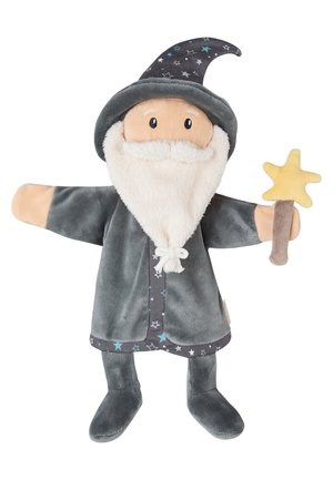 Soft plush wizard doll with gray star-patterned robe and hat, white beard, and holding a yellow star-shaped wand.