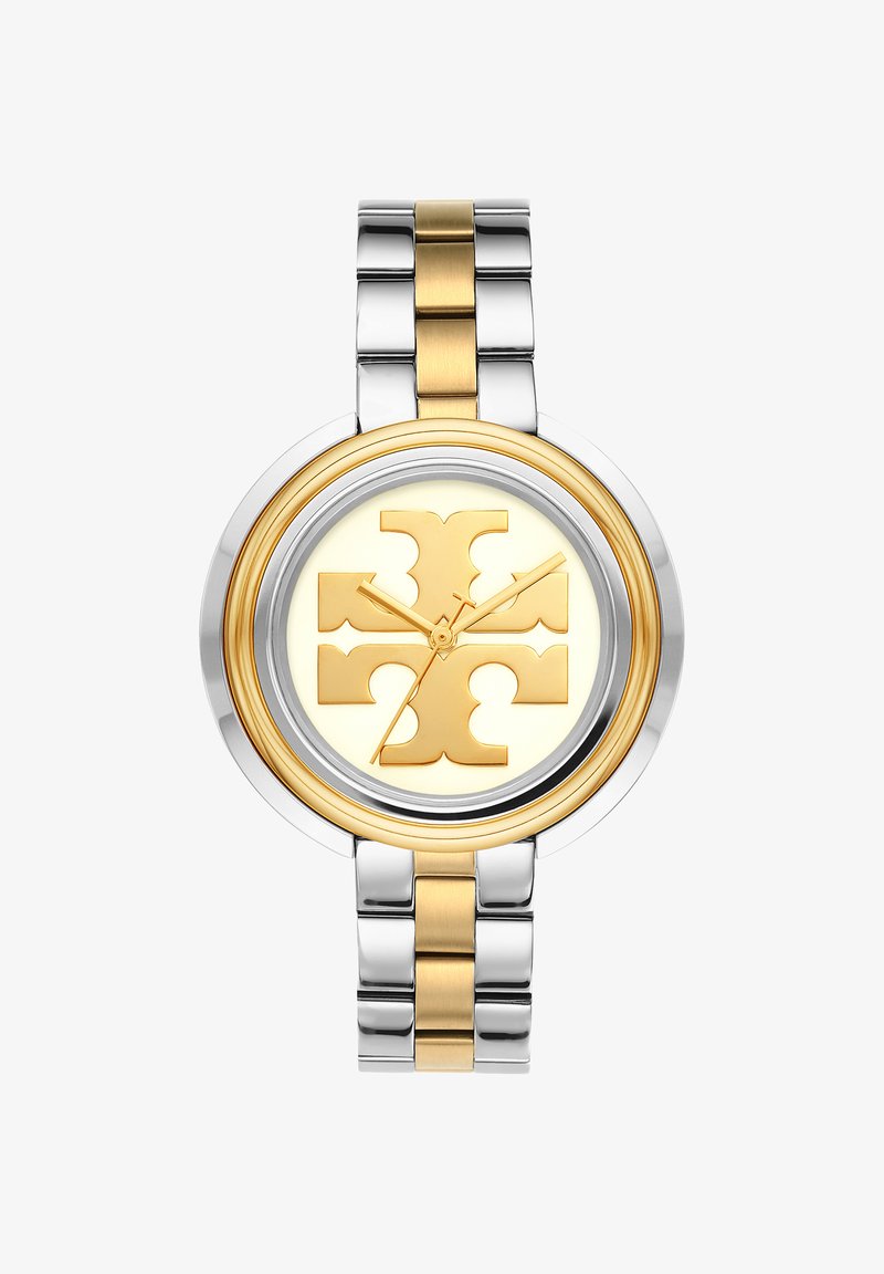 Orologio da polso rotondo in argento e oro con logo dorato sul quadrante bianco e cinturino in metallo bicolore.