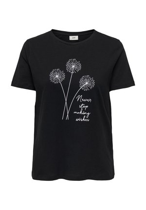 Black cotton T-shirt featuring a design of three dandelions in white, with the text "Never stop making wishes" below. Short sleeves, crew neck.