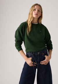 Un sweat-shirt vert à col rond, avec des poignets côtelés. Assorti à un pantalon en denim bleu foncé taille haute. Texture lisse, coupe décontractée.