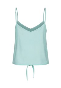 Camisola azzurro chiaro con spalline regolabili e scollatura a V. Presenta un dettaglio annodato all'orlo per una vestibilità rilassata.