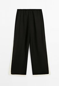 Wide-leg black pants with an elastic waistband and white trim along the side seams and hem, laid flat on a white background.