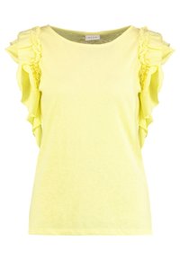Žluté tričko s krátkým rukávem vyrobené z měkké bavlny, které má volánkové detaily na ramenou a kulatý výstřih. Žádné viditelné vzory.
