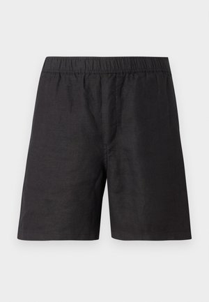 Schwarze Leinen-Shorts mit elastischem Bund, die locker sitzen und eine glatte Textur aufweisen. Keine sichtbaren Taschen oder ausgeprägten Muster.