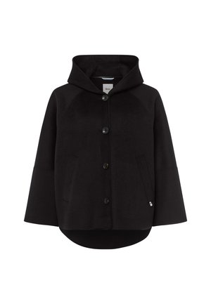 Zwarte hoodie met een ontspannen pasvorm, voorzien van een knoopsluiting, zijzakken en een zacht gestructureerde stof. Ronde zoom, minimalistisch ontwerp.