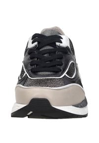 Black and gray athletic sneakers featuring a mesh upper, leather accents, thick black sole, and round laces. Subtle textured pattern present.