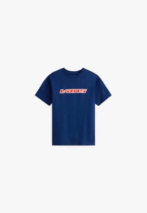 Navy blauwe katoenen t-shirt met korte mouwen en een ronde hals; heeft een witte en rode "vans" logo gecentreerd aan de voorkant.