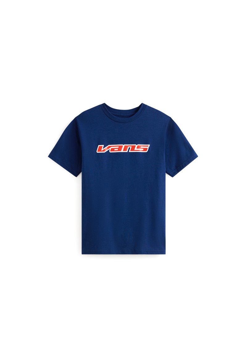 Navy blue cotton t-shirt with short sleeves and a crew neck; features a white and red "vans" logo centered on the front.