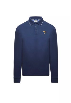 Polo a maniche lunghe di colore navy, realizzato in cotone, con colletto a coste, chiusura a due bottoni e design ricamato di un'aquila sul petto.