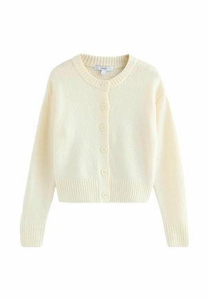Cremfarbener Cardigan aus weichem Strickmaterial. Mit rundem Halsausschnitt, langen Ärmeln und sechs Knöpfen vorne. Rippenbündchen am Saum und an den Ärmeln.