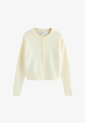 Kremni kardigan izdelan iz mehkega pletenega materiala. Ima okroglo ovratnico, dolge rokave in šest sprednjih gumbov. Rebrast rob in manšete.