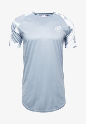 Helles blaues Sport-T-Shirt mit kurzen Ärmeln. Die Ärmel haben ein Muster aus weißem und grauem Camouflage. Hergestellt aus glattem, leichtem Stoff.