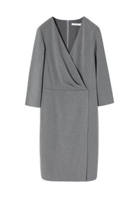 Grå klänning med en omslagdesign, trekvartslånga ärmar och dragkedja bak. Tillverkad av texturerad tyg, med knälång klipp och sid sömsdetalj.