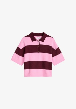Kurzärmeliges Polohemd mit breiten horizontalen Streifen in Pink und Dunkelburgunder sowie drei Knöpfen am Kragen.
