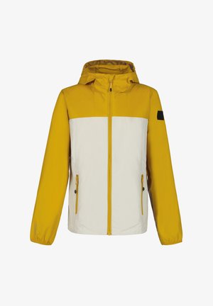 Veste à capuche jaune et blanche avec fermeture éclair sur le devant, deux poches latérales zippées, poignets élastiques et accent noir sur l'épaule gauche.