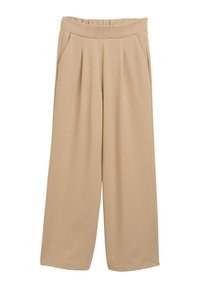 Pantaloni beige a gamba larga con vita arricciata, dotati di due tasche laterali e una finitura in tessuto liscio e texture.