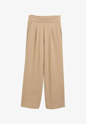 Beez värvi laiad püksid, millel on kogutud vöökoht, kahe küljetaskuga ja siledat, struktureeritud kangast viimistlus.