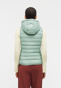 Άτομο με πλεξούδες που φοράει ανοιχτοπράσινο γιλέκο με κουκούλα, κρεμ πουλόβερ με μακριά μανίκια και σκούρο κόκκινο παντελόνι, με την πλάτη προς το μέρος μας.