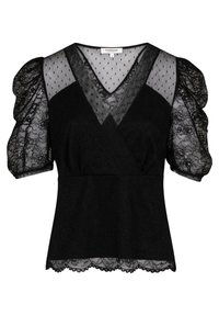 Schwarze Bluse mit durchscheinenden, gepunkteten Netzärmeln und Spitze-Details. Mit V-Ausschnitt und geraffter Taille. Zarte Spitzenkante am Saum.