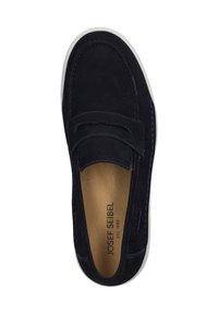Navy suede slip-on shoe with white rubber sole, featuring decorative stitching and a muted accent across the vamp. Branding inside the shoe.