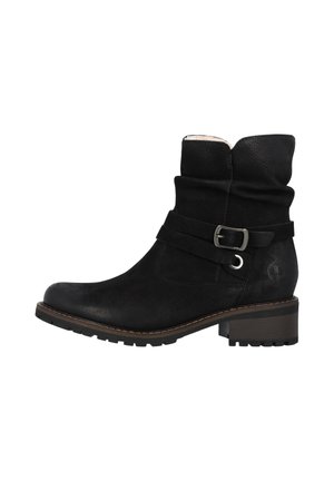 Botas negras de tobillo hechas de cuero texturizado con un diseño arrugado, que cuentan con una correa con hebilla y un tacón bajo tipo bloque.