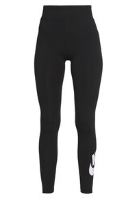 Zwarte hoge sportleggingen met een witte Nike swoosh-logo op het onderste deel van het linkerpant. 