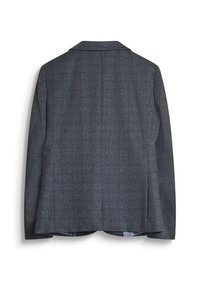 Blazer a quadri grigi con un design strutturato, caratterizzato da un colletto a reversed, due sventagli posteriori e una fodera interna liscia. Texture morbida.