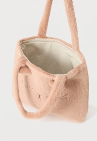 Malá mäkká ružová kabelka z umelej kožušiny s dlhými uchami a jemným vyšívaním kocúriej tváre na prednej strane, vnútro podšité béžovou látkou.