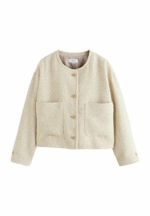 Cream-colored cropped jacket made of textured fabric, featuring a round neckline, four front buttons, and two large pockets.