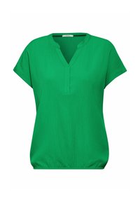 Blusa verde a maniche corte con scollatura a V, tessuto texturizzato e una leggera arricciatura in vita per una vestibilità rilassata.