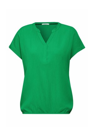 Grüne Kurzarmbluse mit V-Ausschnitt, strukturiertem Stoff und dezenten Raffung an der Taille für eine legere Passform.