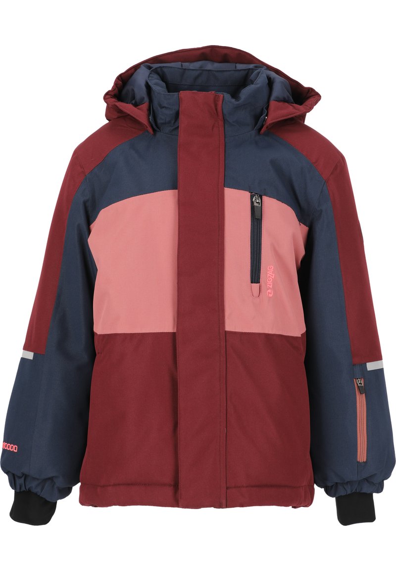 Isolerad jacka med huva, i färgblockdesign med vinröd, marinblå och rosa, med en ficka på bröstet som stängs med dragkedja och elasticerade manschetter.