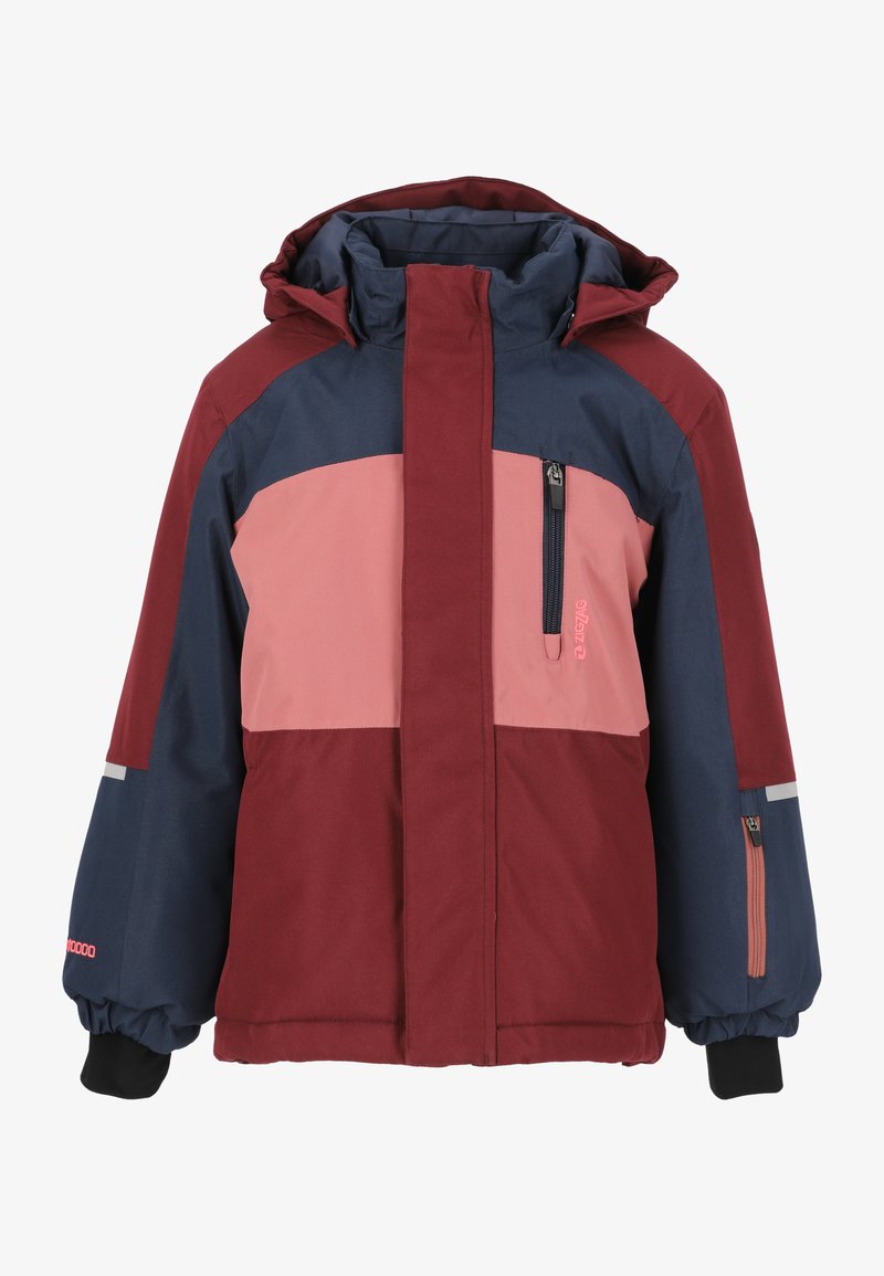 Veste isolée avec capuche, design en blocs de couleurs dans des tons bordeaux, marine et rose, avec une poche poitrine zippée et des poignets élastiques.